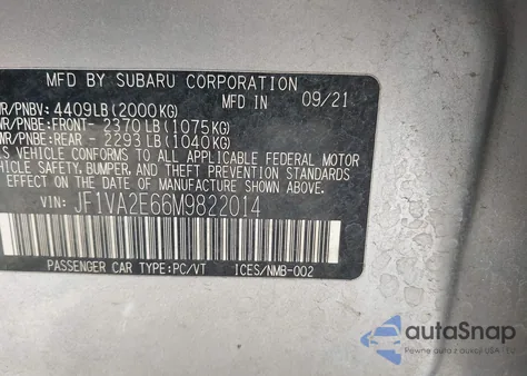 2021 Subaru Wrx Sti from USA, damaged, VIN JF1VA2E66M9822014